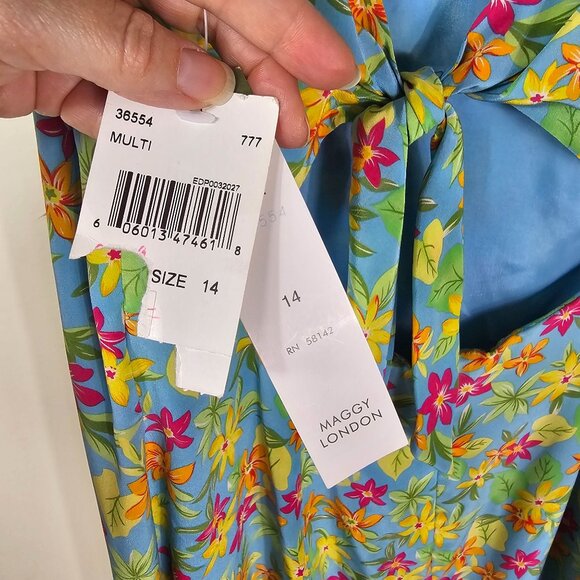 Maggy London Silk Vibrant Floral Maxi Dress 14 Sleeveless Back Cutout Tie Detail - Picture 5 of 11